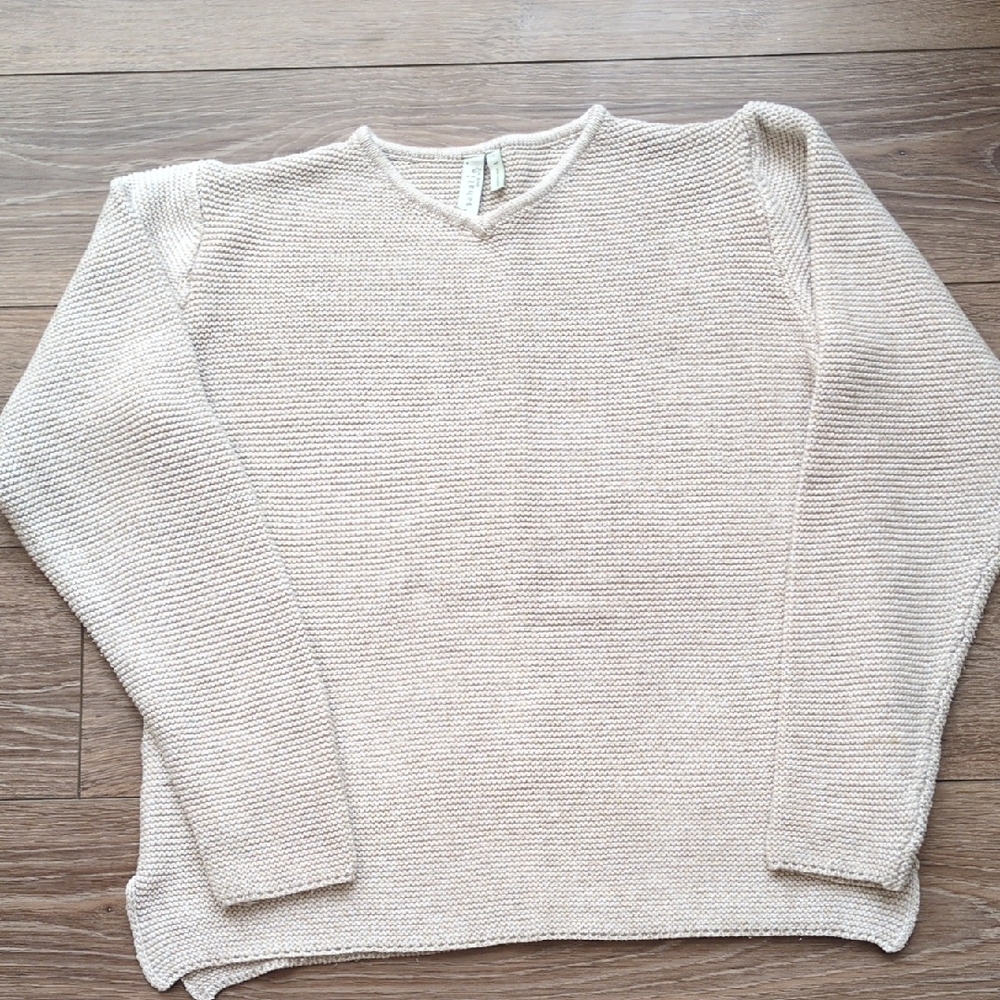 2 Sahalie Chunky Knit V-Neck Long Sleeve Sweaters - Cotton Blend - Tan & Green L - Picture 5 of 13